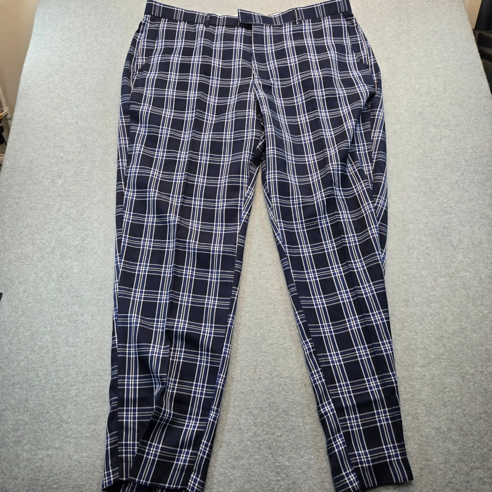 Stacy Adams Mens Navy Blue Plaid Dress Pants 46W 32L Stretch Flat Front Trousers